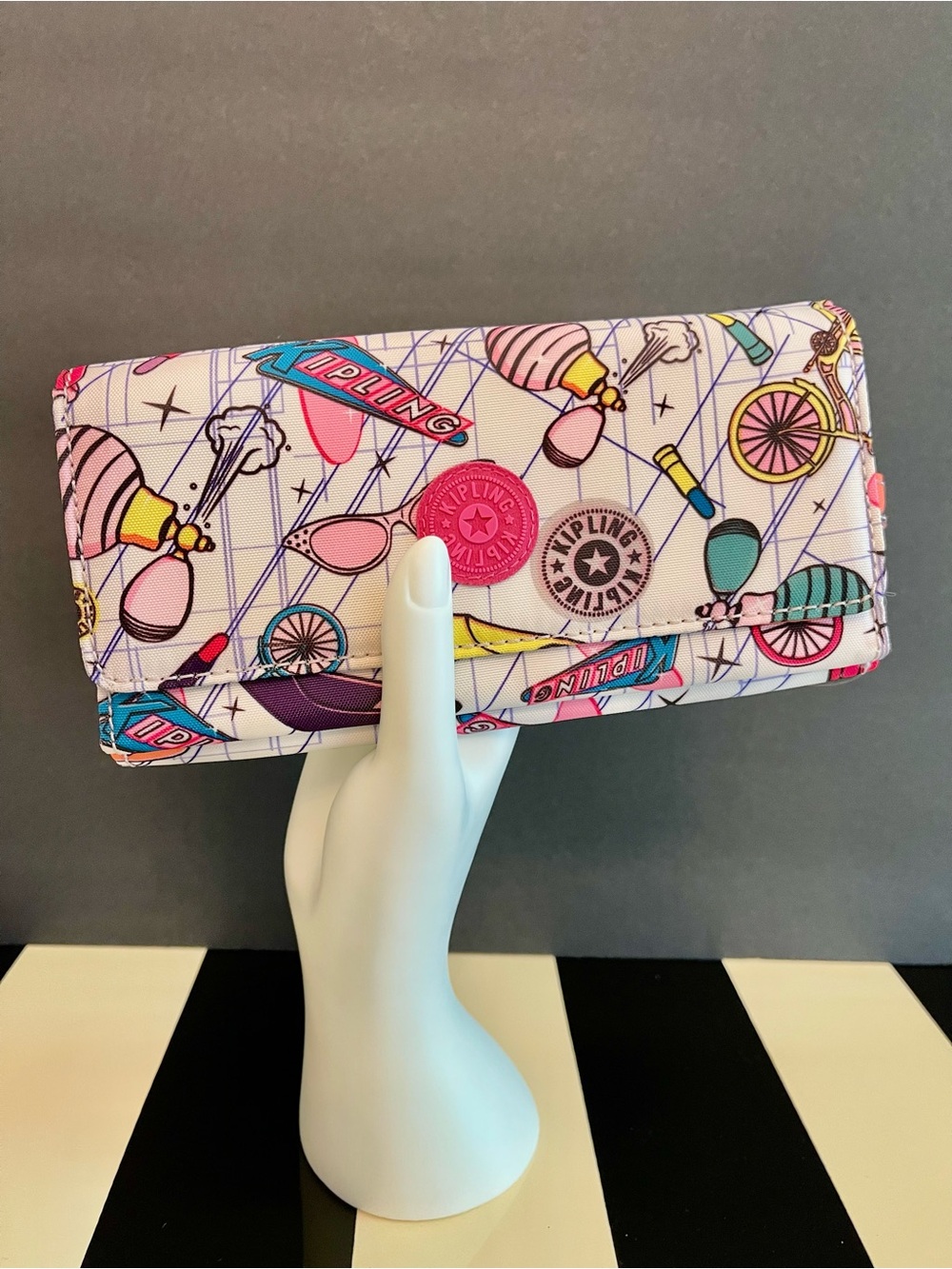 Kipling Rare Long Pink Wallet with Fun Random Accessories Print